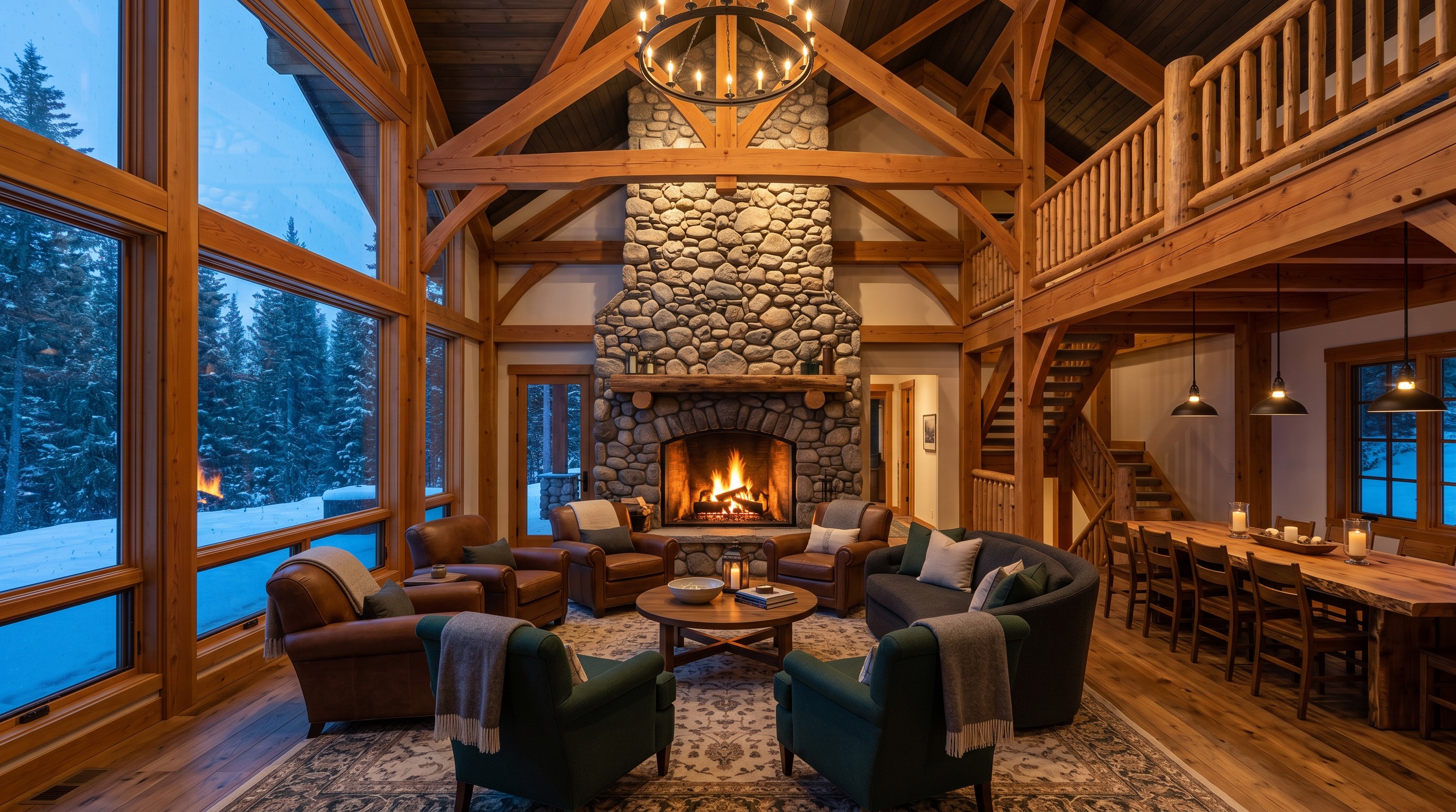 The Flint Ridge great room — timber, hearth, and gathering space shown properly